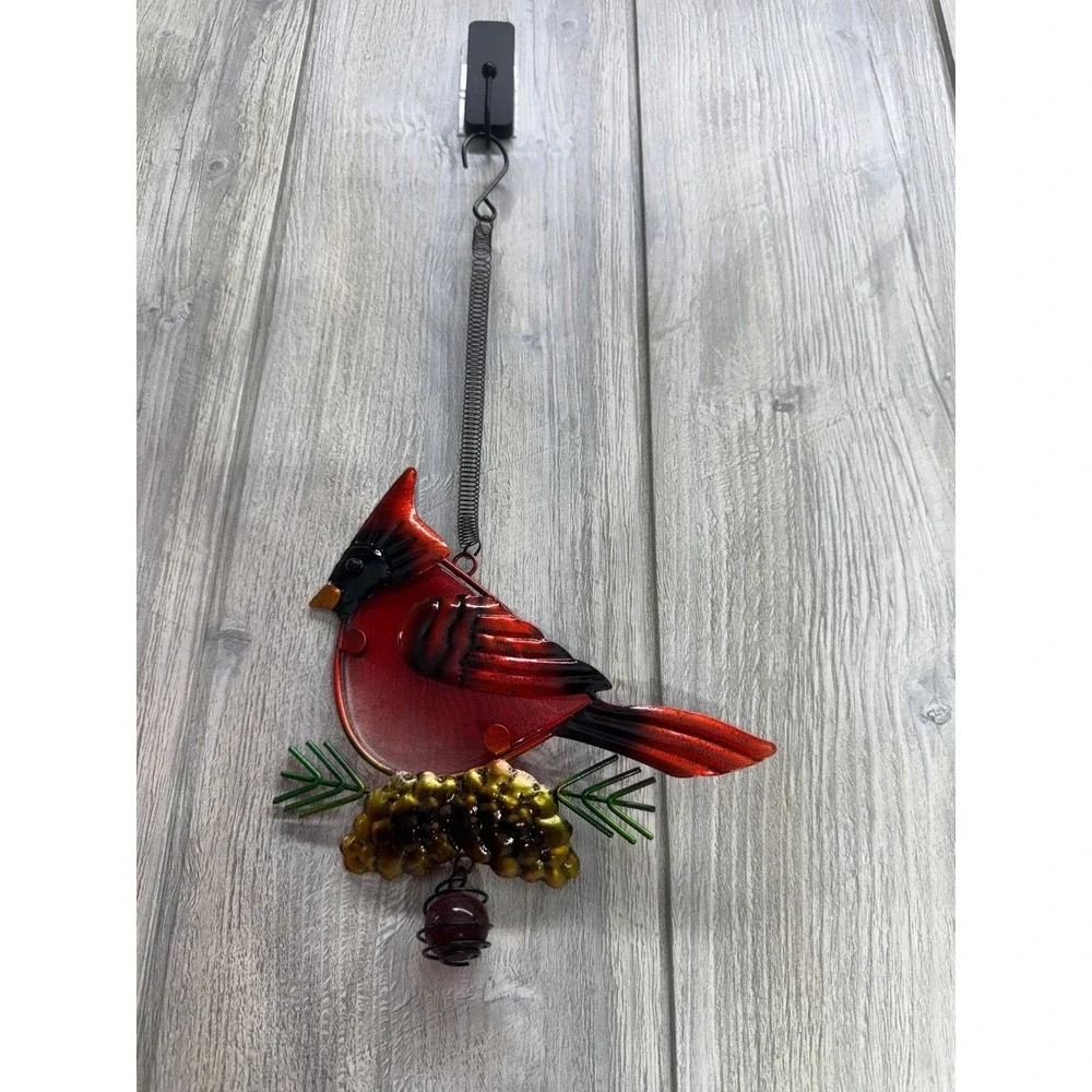 Red Cardinal Bird Metal Glass Suncatcher Hanging Garden Ornament Pinecone 12.5in